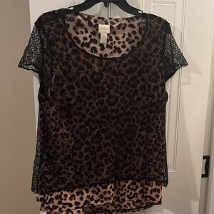 Chico's Black and Brown Leopard Print Blouse with Lace Overlay